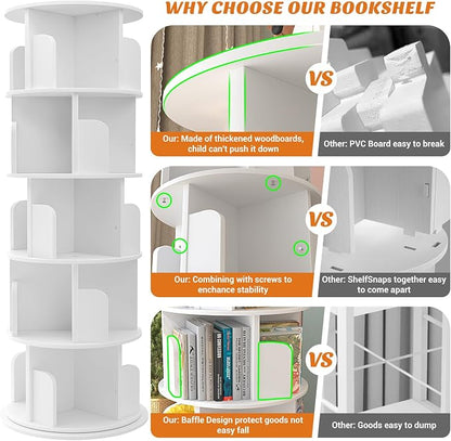 Aheaplus 5 Tier Rotating Bookshelf, Wood Spinning Bookshelf Tower, Round - Image 5