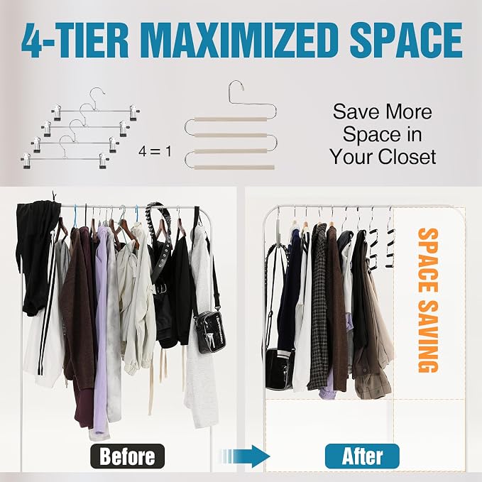 Multiple Space Saving Non Slip Foam Padded Pants Hangers 4 Tier Steel Open - Image 3
