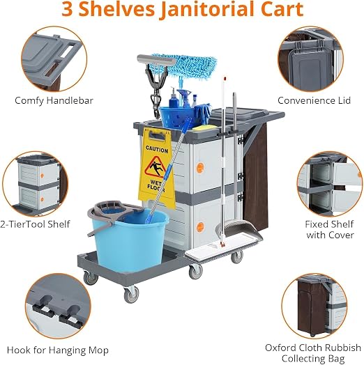 Janitorial Cart with 2 Cabinet, Commercial Traditional Janitorial 3-Shelf - Image 2
