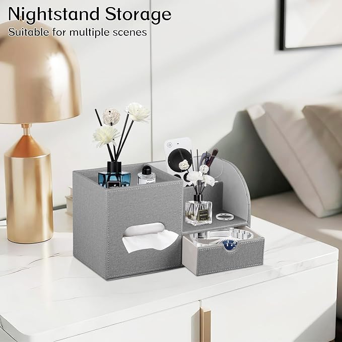 Square Tissue Box Cover with Drawer Storage and Tray on Top, PU Leather Tissues - Image 7