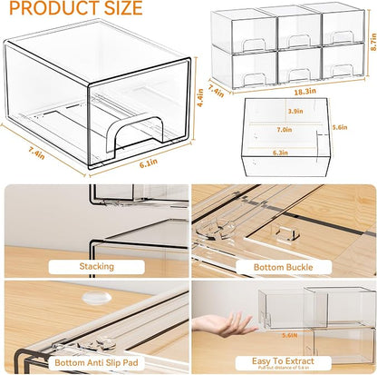 Yieach 6 Pack Small Stackable Storage Drawers, 4.4 Inch Tall Stacking Acrylic - Image 3