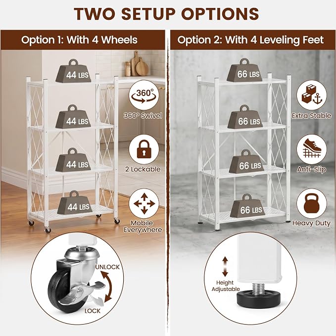 ALANNG 4 Tier Folding Storage Shelf on Wheels, Heavy Duty Metal Rolling Cart | - Image 4