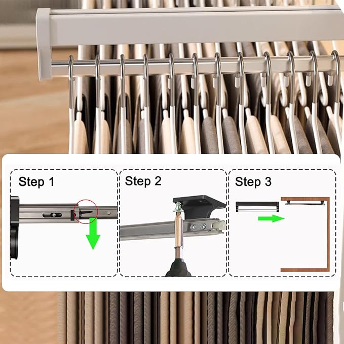 Pull Out Closet Valet Rod, Adjustable Sliding Heavy Duty Steel Top Mounted - Image 6