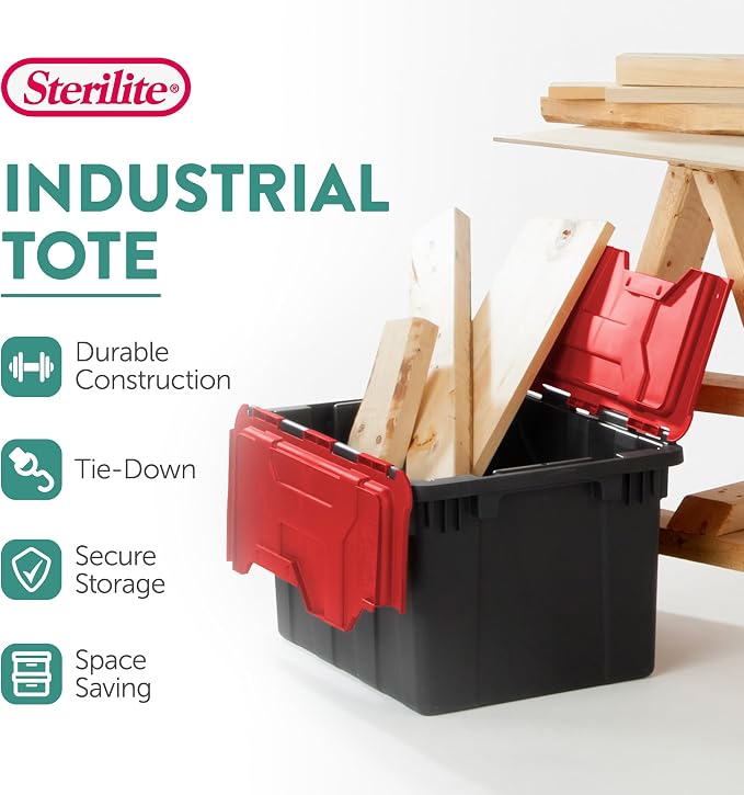 Sterilite 6-Pack 12 Gallon Hinged Lid Industrial Tote, Heavy-Duty Plastic - Image 2