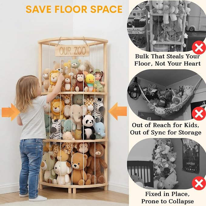 Corner Stuffed Animal Storage Tower, Large Wooden Plush Toy Storage Zoo - Image 5