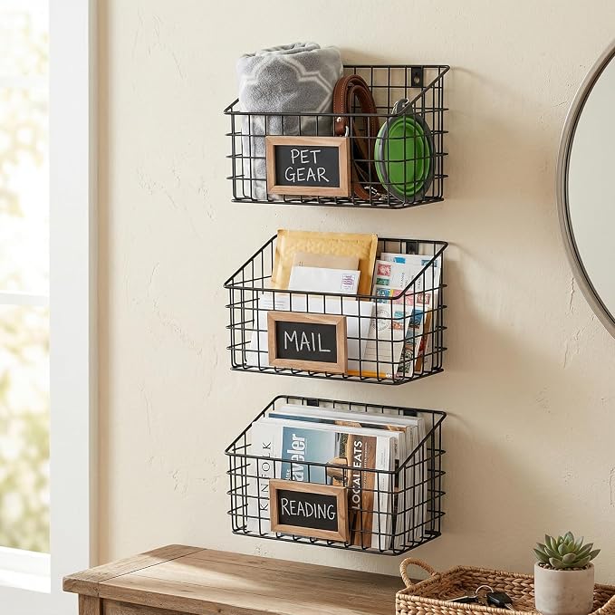 MyGift 10 Inch Wall Mounted Matte Black Metal Wire Storage Baskets - Image 2