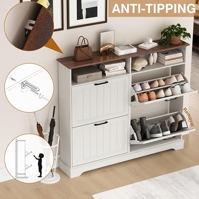 Shoe Storage Cabinet with 4 Flip Drawers, Farmhouse Modern Hidden Shoes Rack - Image 5