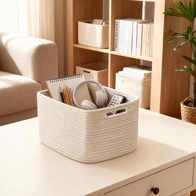 5 Pack White Woven Storage Baskets - Image 2