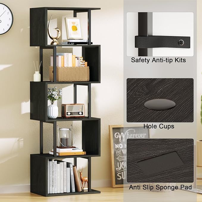 Furologee 6 Tier Bookshelf Tall Geometric Bookcase, S Shaped Industrial Display - Image 7