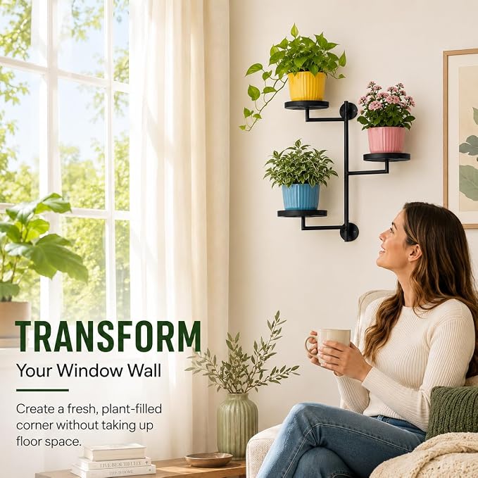 Rotating Window Wall Plant Shelves Stand Holder, 3 Tiered Metal Floating Plant - Image 3