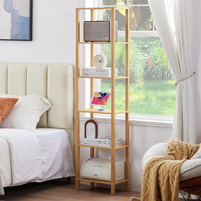 YUFAM 6 Tier Tall Skinny Bookshelf, Narrow Bookcase, Wooden Shelf, Natural | - Image 7