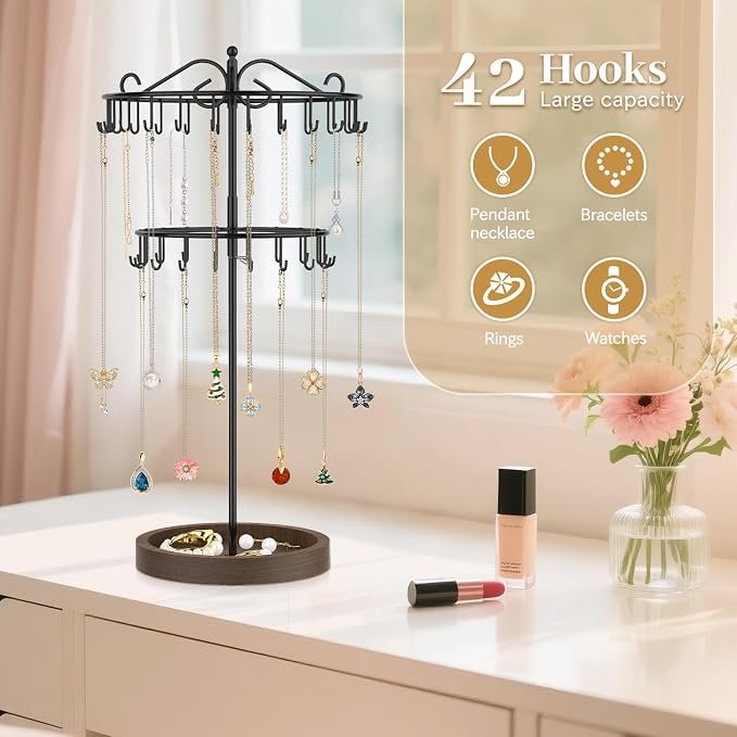 MODOWEY Rotating Necklace Holder Stand Organizer, 2 Tier Adjustable Extra Tall - Image 2
