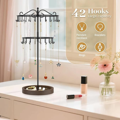 MODOWEY Rotating Necklace Holder Stand Organizer, 2 Tier Adjustable Extra Tall - Image 2