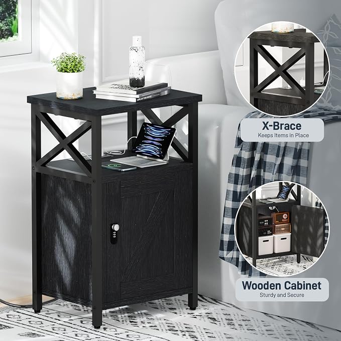runjuly Wooden Nightstand with Lock Cabinet and Charging Station, Lockable - Image 6