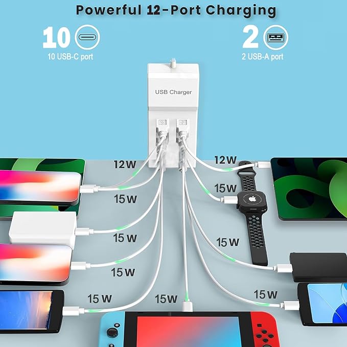 USB C Charger, 12 Ports USB Charging Station, 60W MultiPort Charger, Compatible - Image 6
