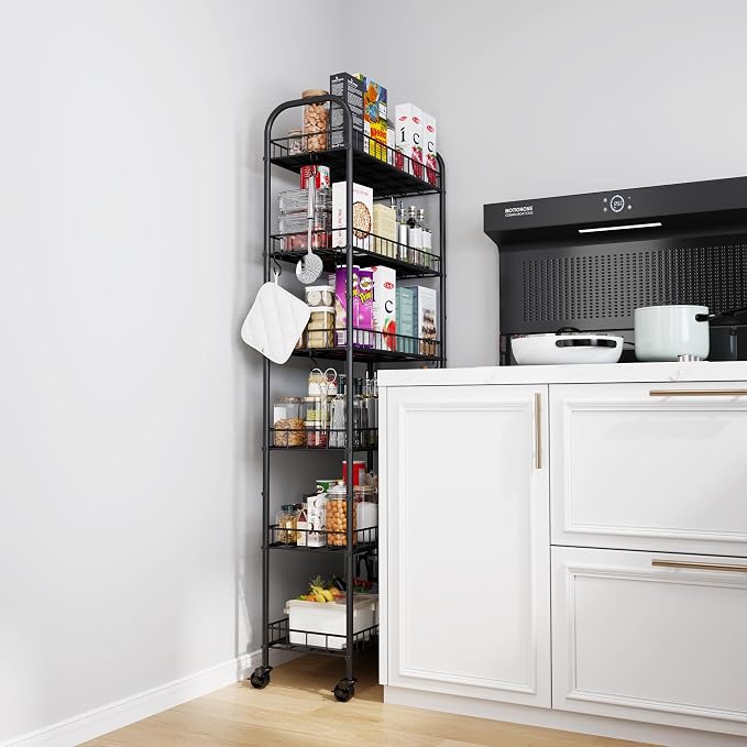 6 Tier Slim Storage Cart with Wheels, Metal Mobile Shelving Unit Organizer - Image 2