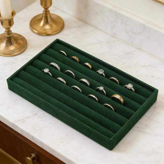 Velvet Jewelry Organizer Tray, Dark Green 8 Rolls | Stackable Jewelry Storage - Image 5