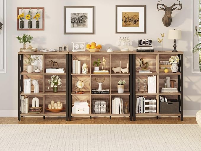 FATORRI 9 Cube Storage Bookshelf, 4 Shelf Book Shelf, Farmhouse Wood and Metal - Image 7