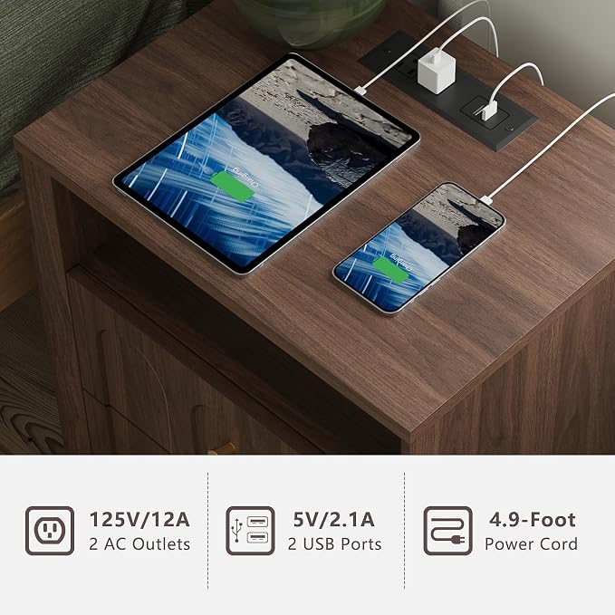 Nightstand with Charging Station, Mid Century Modern Nightstand with Arched - Image 4
