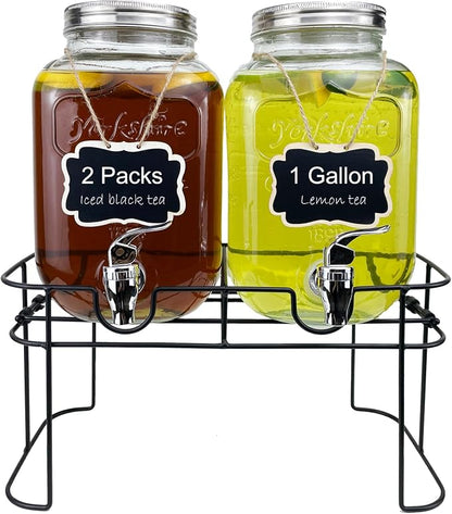 1 Gallon Glass Drink Dispenser for Parties, 2 Packs Juice Lemonade Ice Tea by HENABLE
