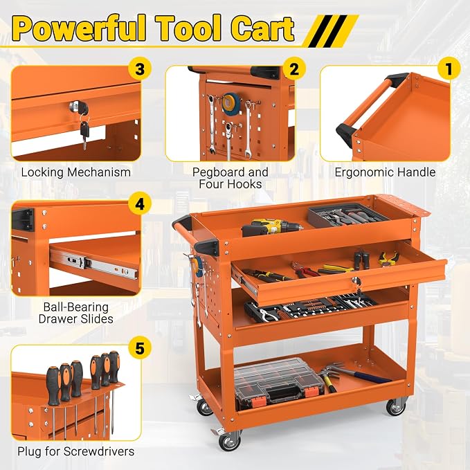 3 Tier Rolling Tool Cart on Wheels, 550 LBS Tool Cart - Image 4
