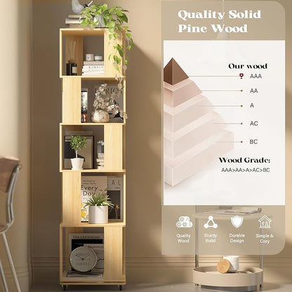 68-Inch 5 Tier Solid Wood Rotating Bookshelf Tower on Wheels, 360° Upgrade - Image 4