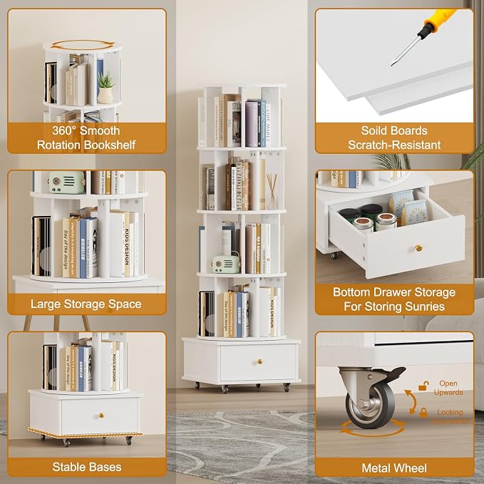 Rotating Bookshelf with Drawers on Lockable Wheels Wood White | 5 Tier Spinning - Image 7