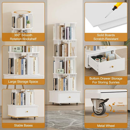Rotating Bookshelf with Drawers on Lockable Wheels Wood White | 5 Tier Spinning - Image 7