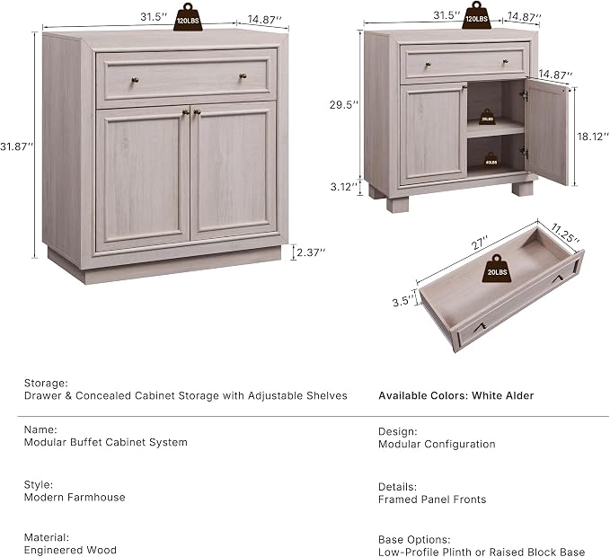 ACCOHOHO Modern Farmhouse Buffet Cabinet, 31.5" Sideboard Credenza, Modular - Image 2