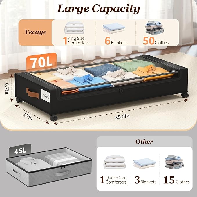 Yecaye Under Bed Storage with Wheels 2Pack, 70L Larger Capacity Under Bed - Image 2