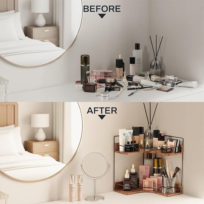 2-Tier Bathroom Counter Organizer, Wooden Corner Shelf - Image 5