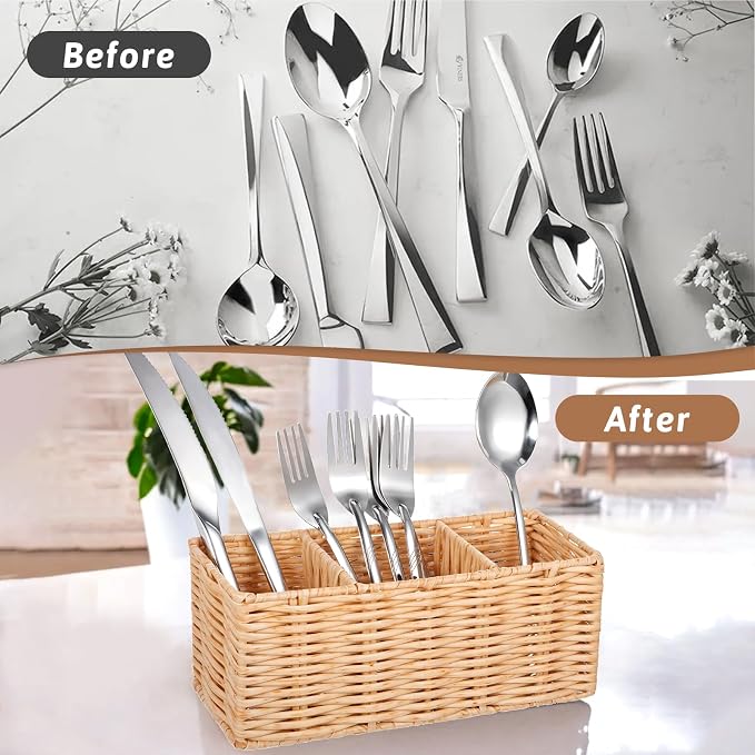Ptwola Wicker Flatware Silverware Caddies Woven Kitchen Cutlery Organizer - Image 4