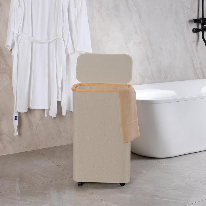efluky Laundry Basket with Wheels, Tall Rolling Laundry Hamper with Lid and - Image 5