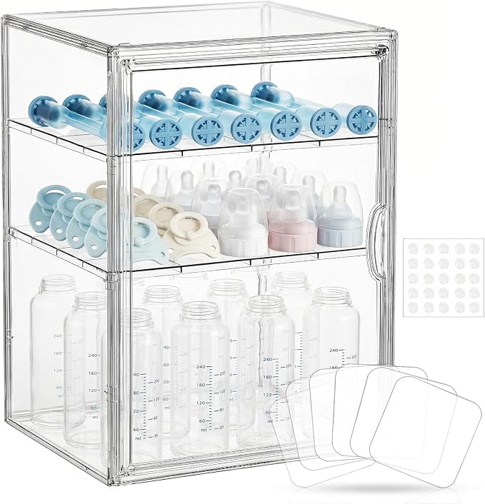 Baby Bottle Organizer – X-Large Adhesive Wall-Mount 3 Tier Adjustable Acrylic by KitHero