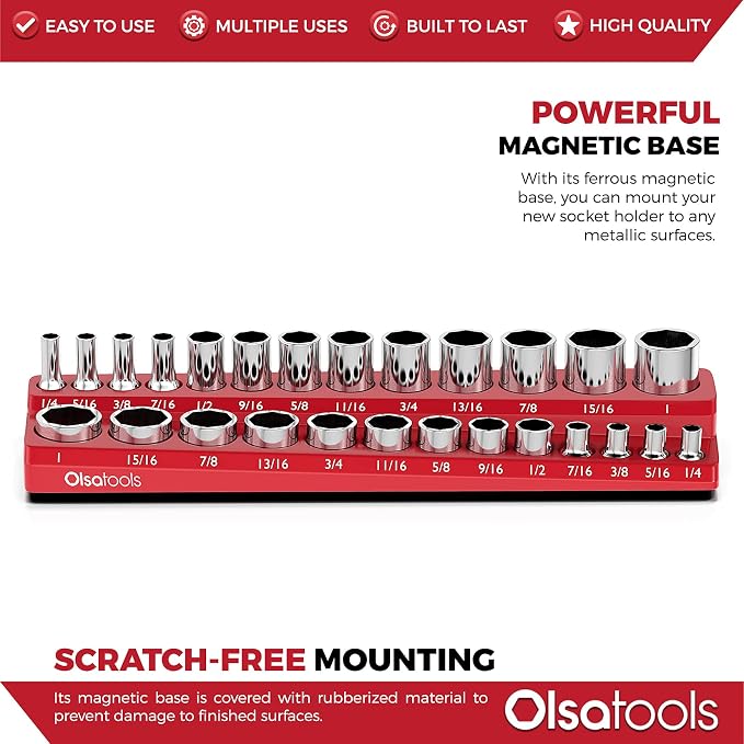 Olsa Tools Magnetic Socket Organizer | 3/8-inch Drive | SAE | RED | Holds 26 - Image 4