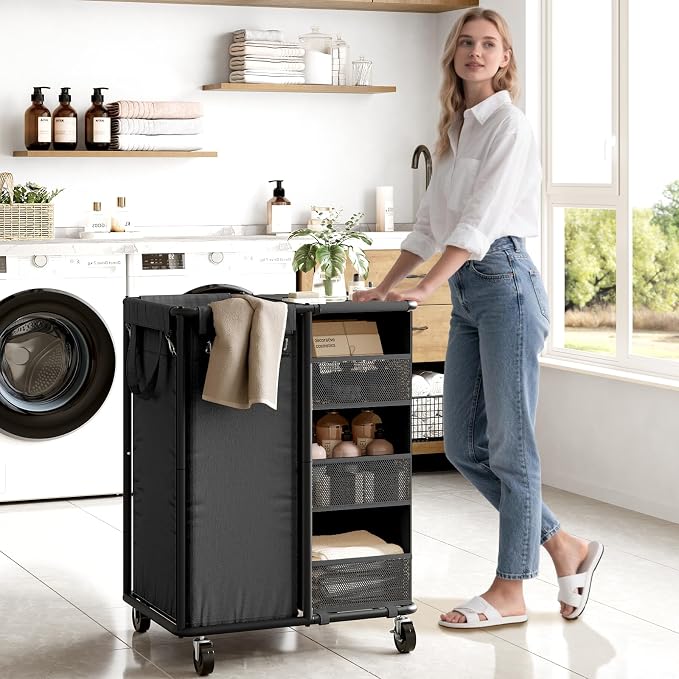WOWLIVE Laundry Sorter with Wheels 100L Rolling Laundry Hamper with Hanging and - Image 2