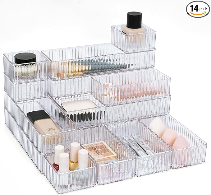 HOTOOLME 14PCS Clear Drawer Organizers Bins, 4 Size Clear Makeup Drawer by HOTOOLME