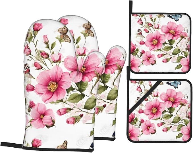 Garden with Birds and Flowers Advanced Oven Gloves and Pot Rack Kit | Insulated by Unknown