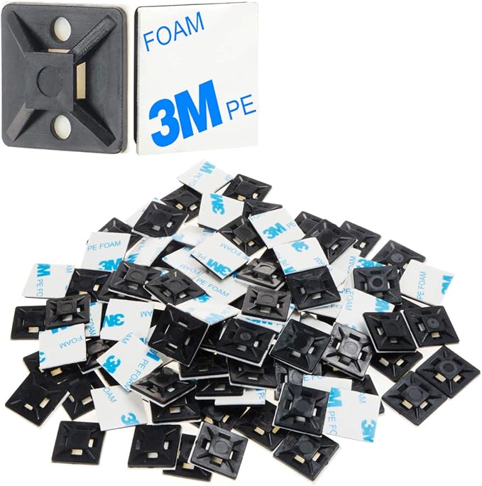 XHF 100 PCS 3/4" Black Self Adhesive Cable Zip Tie Mounts Wire Cable Clips by XHF