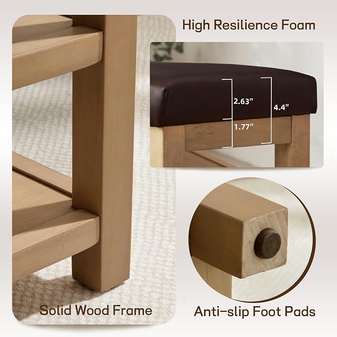 Zihanhome Shoe Rack Bench with Leather Cushion, 2 Tier Solid Wood Storage Bench - Image 8
