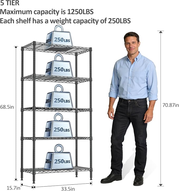 1250 LBS Storage Shelving Unit, 13.7" D x 23.6" W x 63" H Adjustable Shelving - Image 3