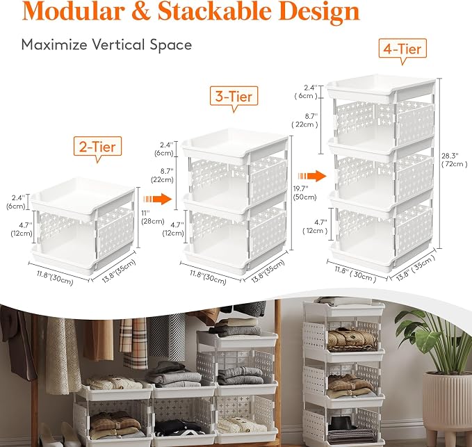Lifewit 4 Tier Plastic Stackable Storage Baskets - Image 4