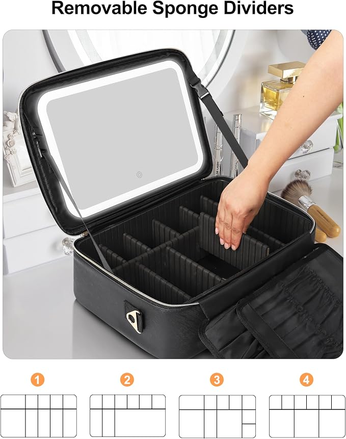 Relavel Travel Makeup Bag With LED Mirror, 16.2" Large Makeup Train Case - Image 3