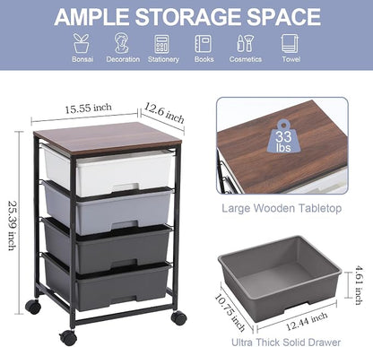 Utility Cart with 4 Drawers, Rolling Storage Cart with Drawers, Light Grey - Image 3