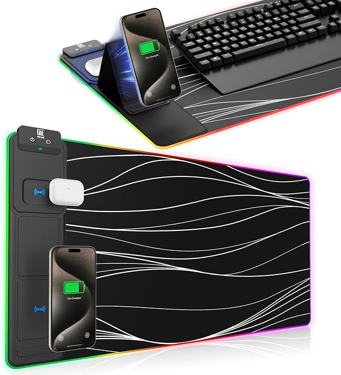 XXL Mouse Pad with Phone Holder, RGB Desk Mat with 15W Fast Charging, LED Large by miroddi