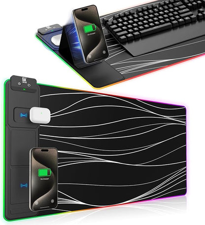 XXL Mouse Pad with Phone Holder, RGB Desk Mat with 15W Fast Charging, LED Large by miroddi