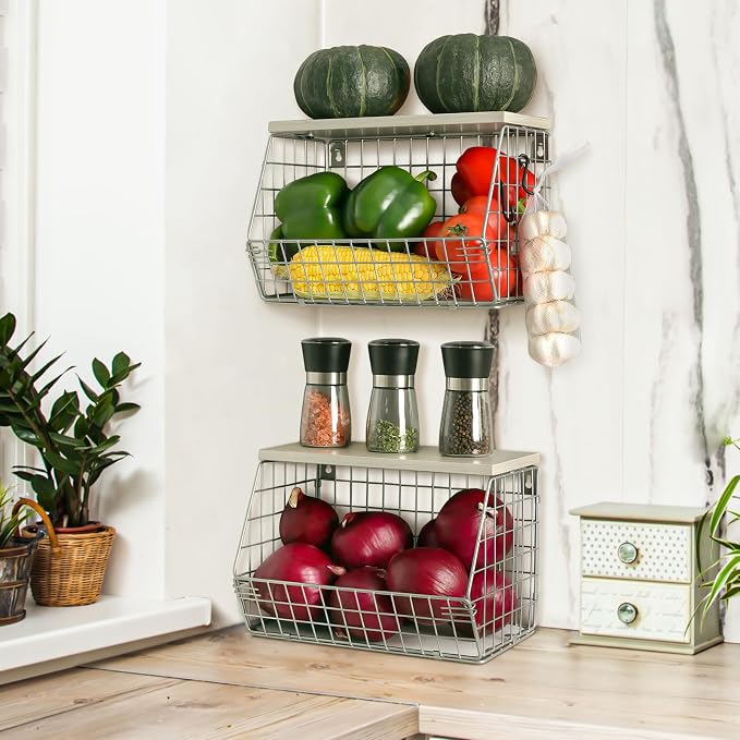 2pcs Silver Fruit Basket, Stackable Wall Mounted Pantry Organizers and Storage by Mefirt