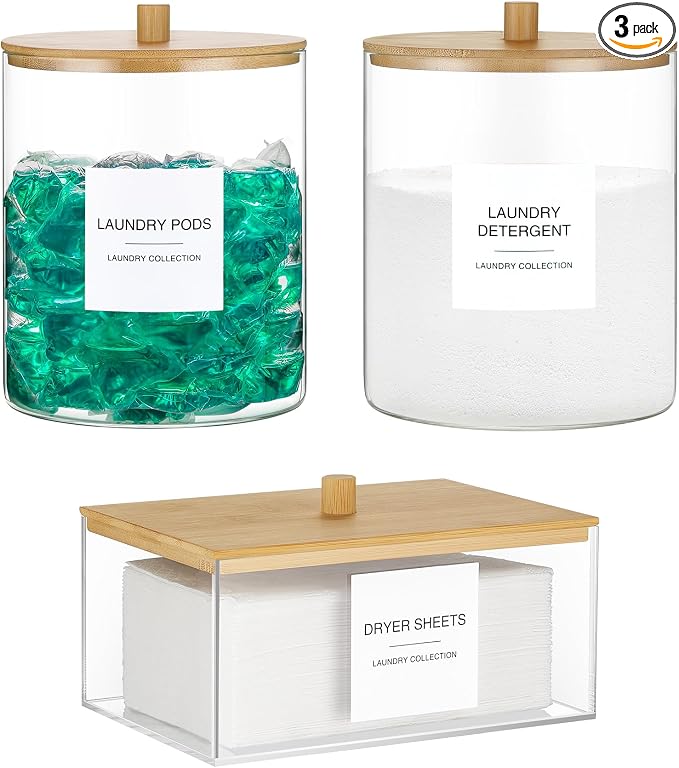 Glass Jars and Acrylic Dryer Sheet Holder, Laundry Pods Container by TIPGO