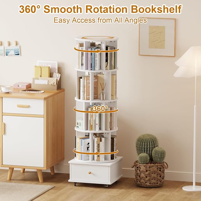 Rotating Bookshelf with Drawers on Lockable Wheels Wood White | 5 Tier Spinning - Image 3
