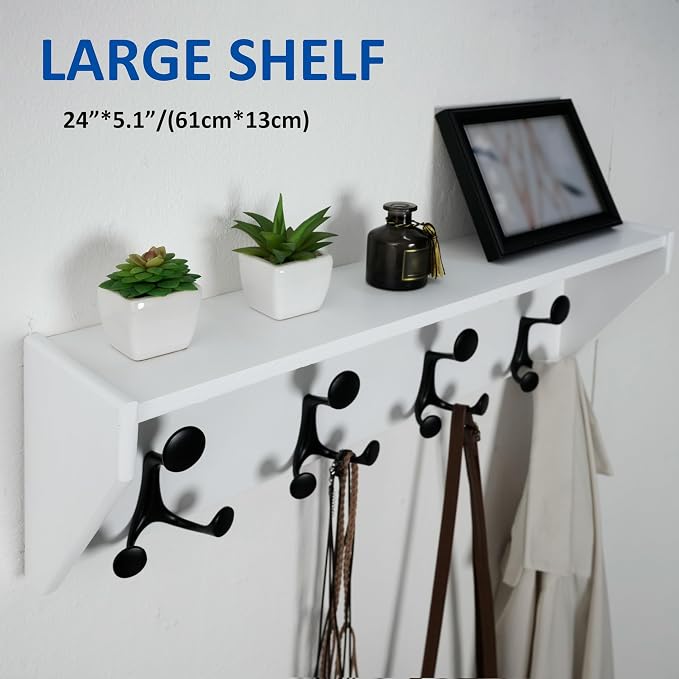 WEBI Wall Shelf with Hooks Underneath, 24” Long Wall Mounted Coat Rack with - Image 6